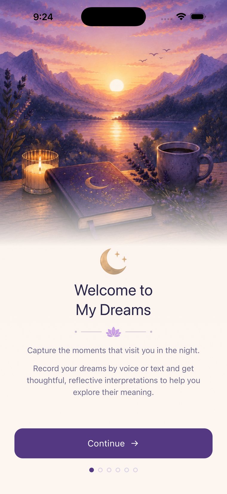 My Dreams app - the welcome screen